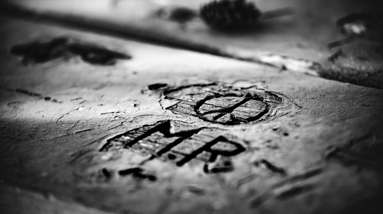 From above closeup black and white of old rectangular wooden planks with uneven shabby surface and cut out letters near circle with lines inside in daylight