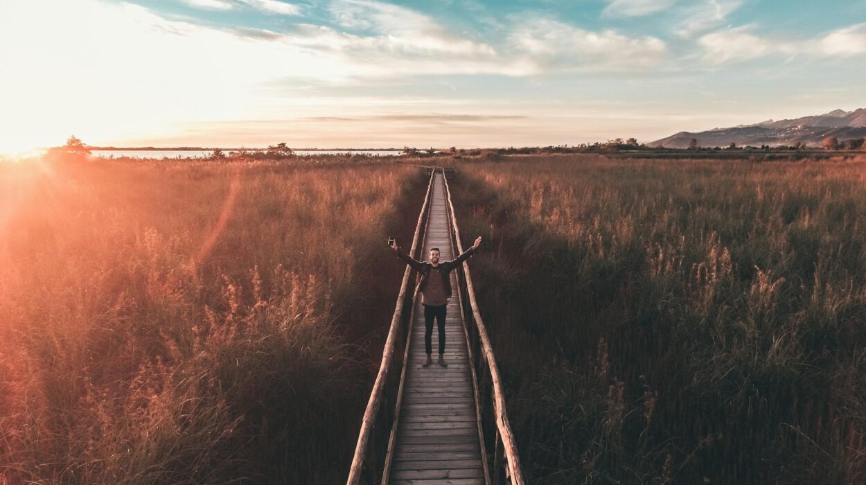 An Aerial Photography of a Man Standing on a Wooden Bridge with His Arms Open