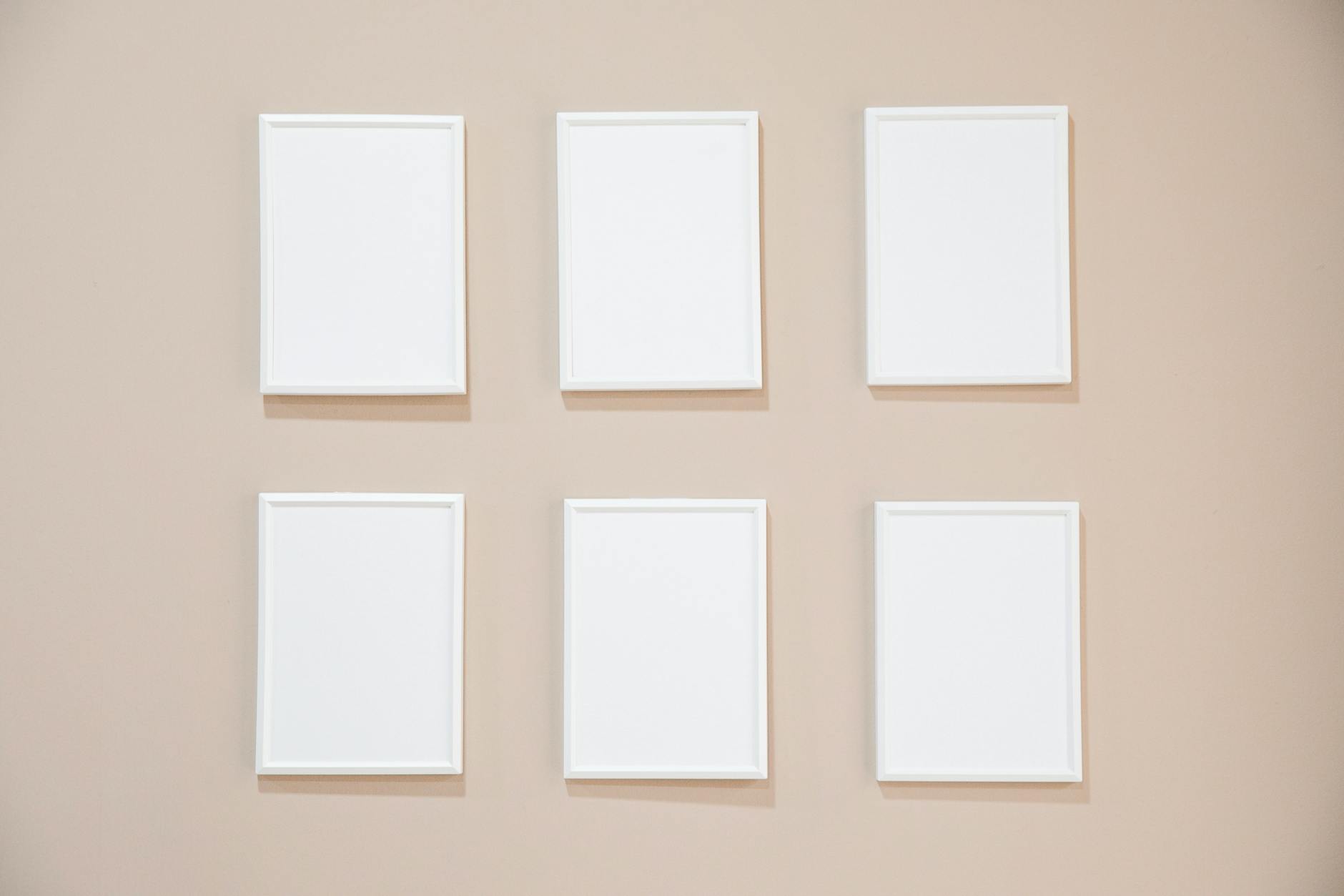 Rows of blank white rectangular frames hanging on light pink wall in studio