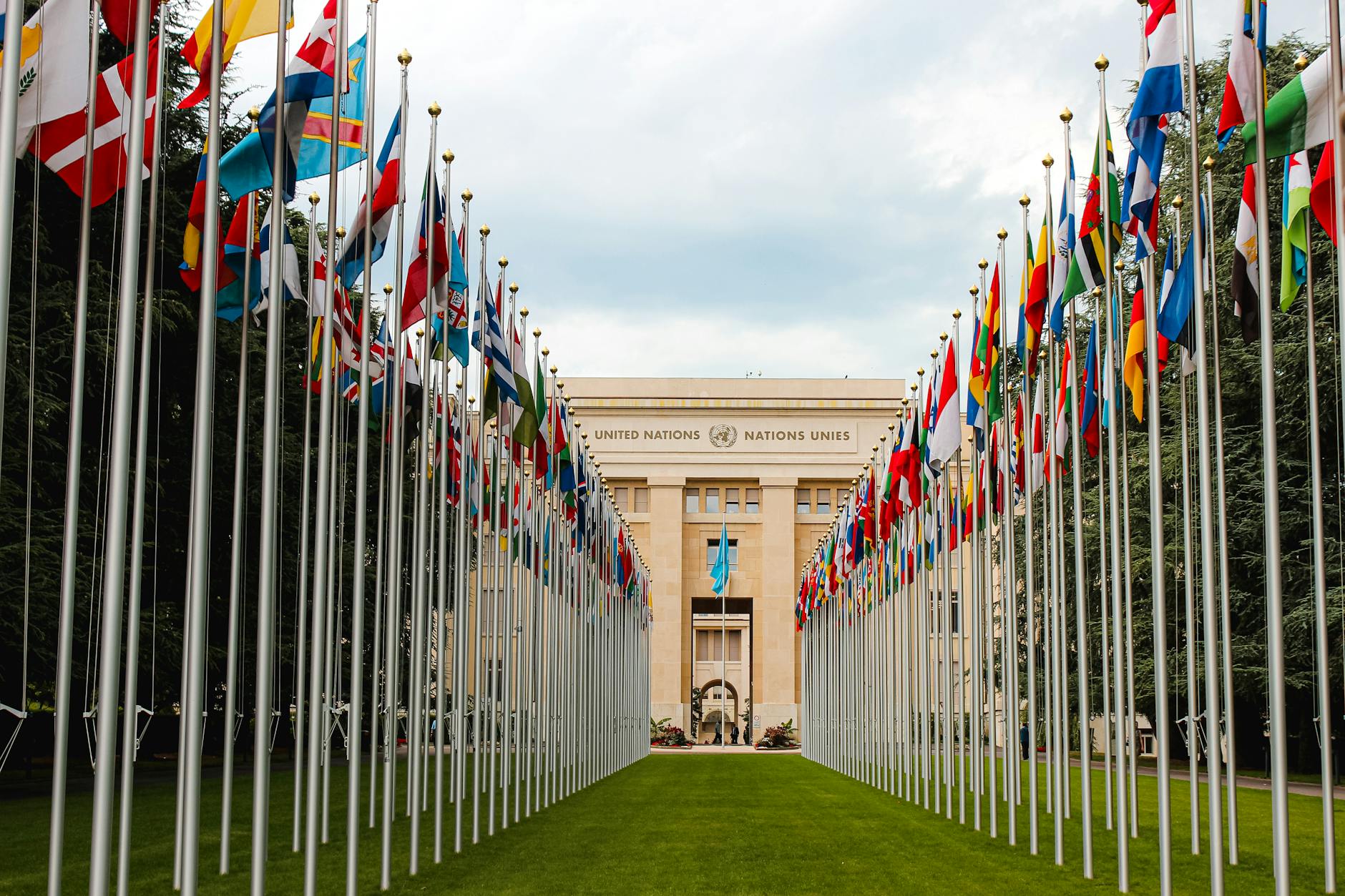 From below of various flags on flagpoles located in green park in front of entrance to the UN headquarters in Geneva